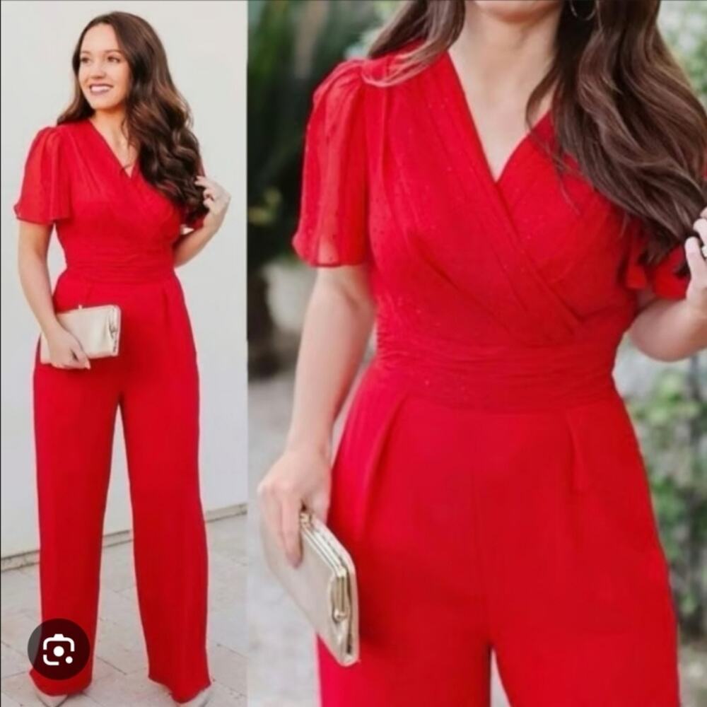 NEW Gal Meets Glam Brielle Jumpsuit 4 Red Wide Leg Holiday Christmas Wide Leg